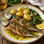 Grilled sardines with boiled baby potatoes, greens, and a lemon wedge on a rustic plate