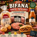 Kit Bifana - Delícias Promotional display for a Bifana kit with bread rolls, sliced pork, a bottle of bifana sauce, and festive market signage in Portuguese.