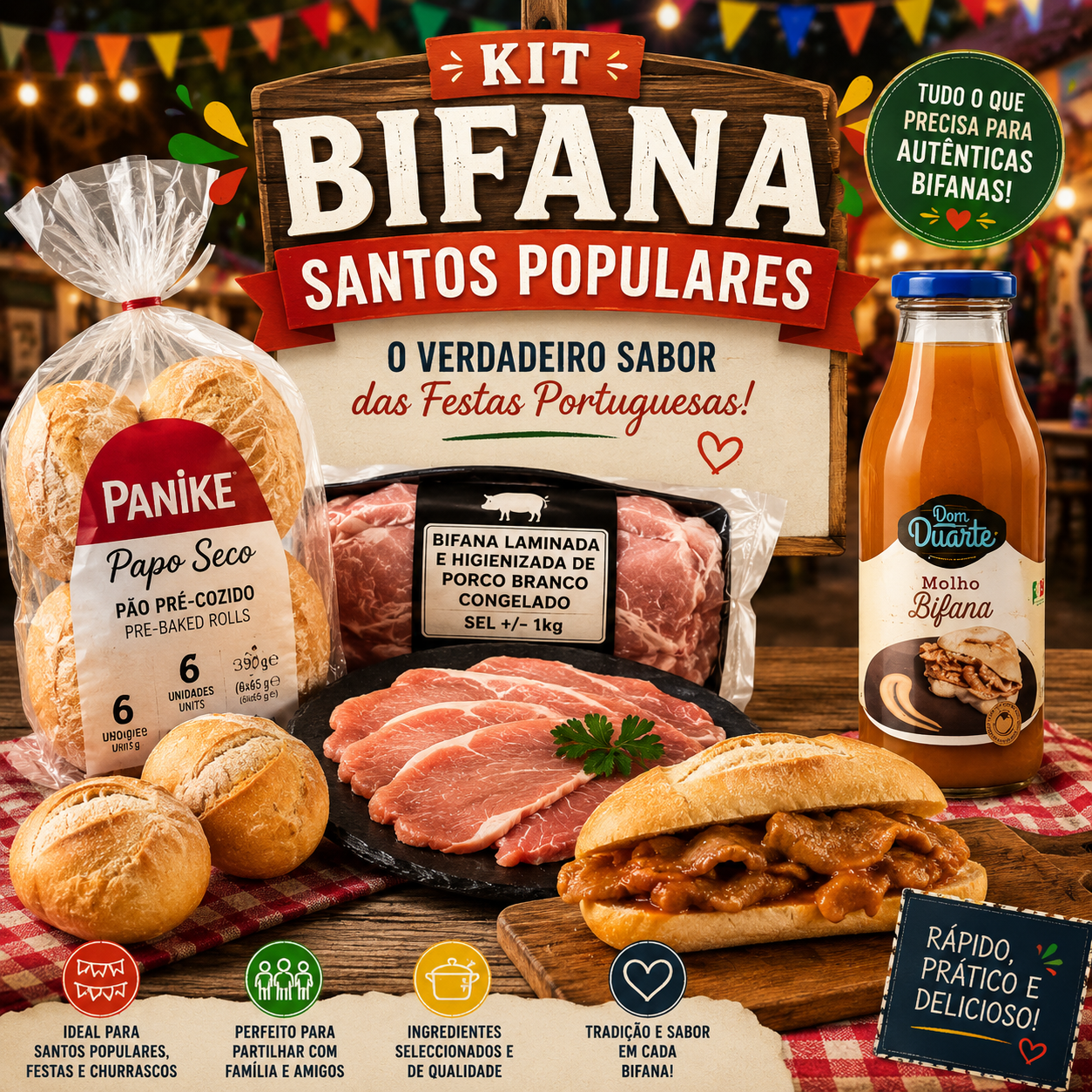 Kit Bifana - Delícias Promotional display for a Bifana kit with bread rolls, sliced pork, a bottle of bifana sauce, and festive market signage in Portuguese.