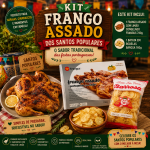 Promo banner for Kit Frango Assado dos Santos Populares with roasted chicken, chips, and traditional Portuguese festival branding.