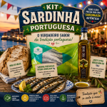 Promotional image for a 'Kit Sardinha Portuguesa' with sardines, bread, olive oil and a seaside market backdrop