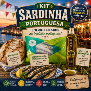 Promotional image for a 'Kit Sardinha Portuguesa' with sardines, bread, olive oil and a seaside market backdrop