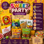 Kit Sweet Party - Delícias Colorful candy kit display titled 'KIT SWEET PARTY' with assorted snacks and a purple 'Este Kit Inclui' sidebar listing items.
