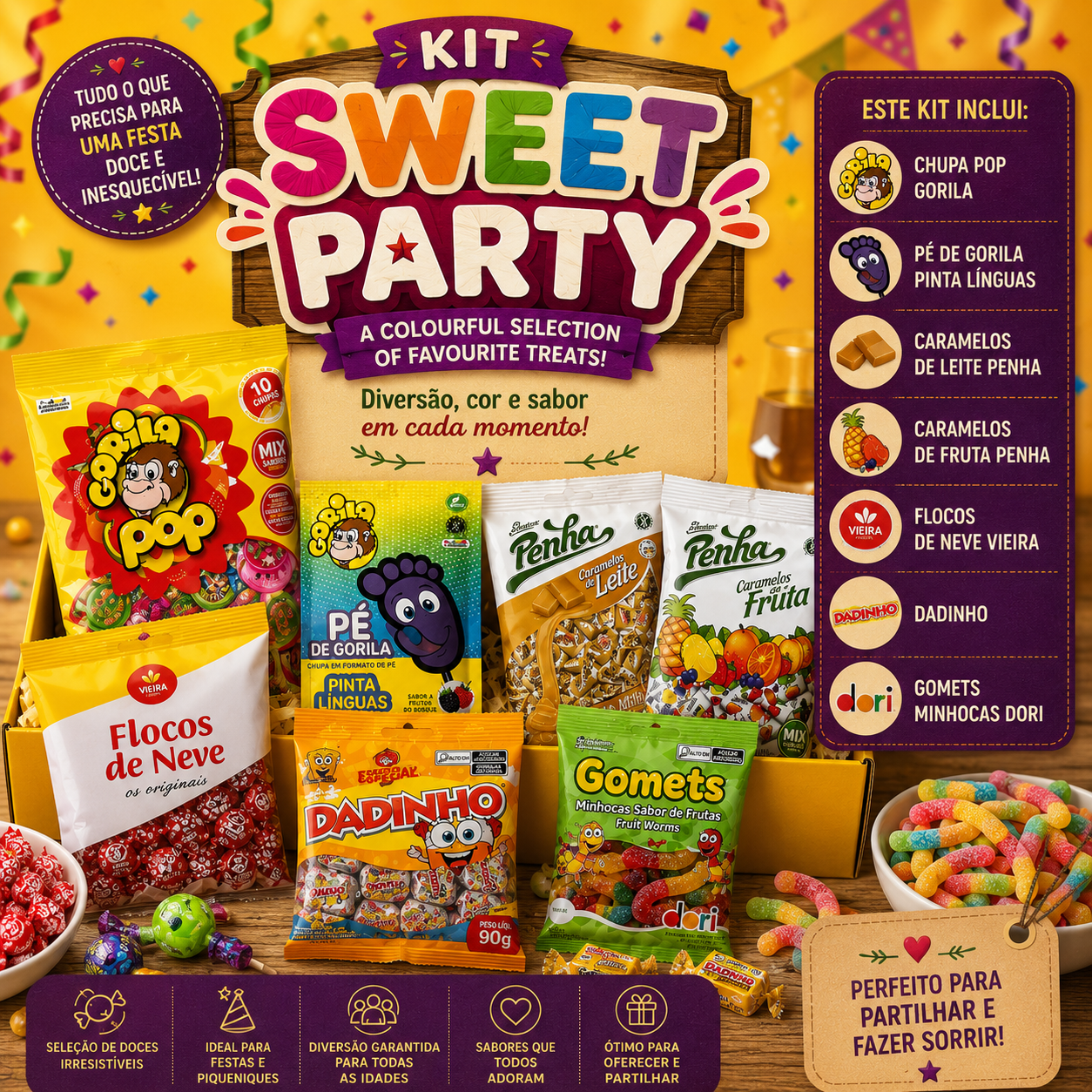 Kit Sweet Party - Delícias Colorful candy kit display titled 'KIT SWEET PARTY' with assorted snacks and a purple 'Este Kit Inclui' sidebar listing items.