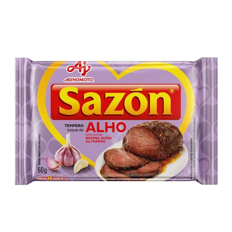 SEA-SPI7294 - Delícias Sazón ALHO seasoning packet with garlic, showing beef slices and garlic on the purple package by Ajinomoto (60 g).