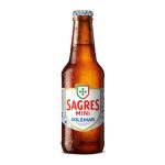 Untitled design 15 - Delícias Sagres Mini Sol & Mar beer bottle with condensation on brown glass, standing upright on a white background, cap patterned blue and white.