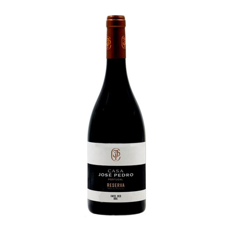 WRE-PTTM0853 - Delícias Bottle of Casa Pedro Reserva red wine from Portugal with copper foil capsule and white/black label on a white background.