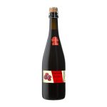 Dark glass wine bottle with a cork and red label featuring a cherry graphic, standing upright on a white background.