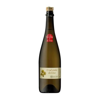 Brown wine bottle with cork stopper and wire cage, cream label reading 'O tal vinho da Lixa' and a red neck sticker saying the same, set against a white background.