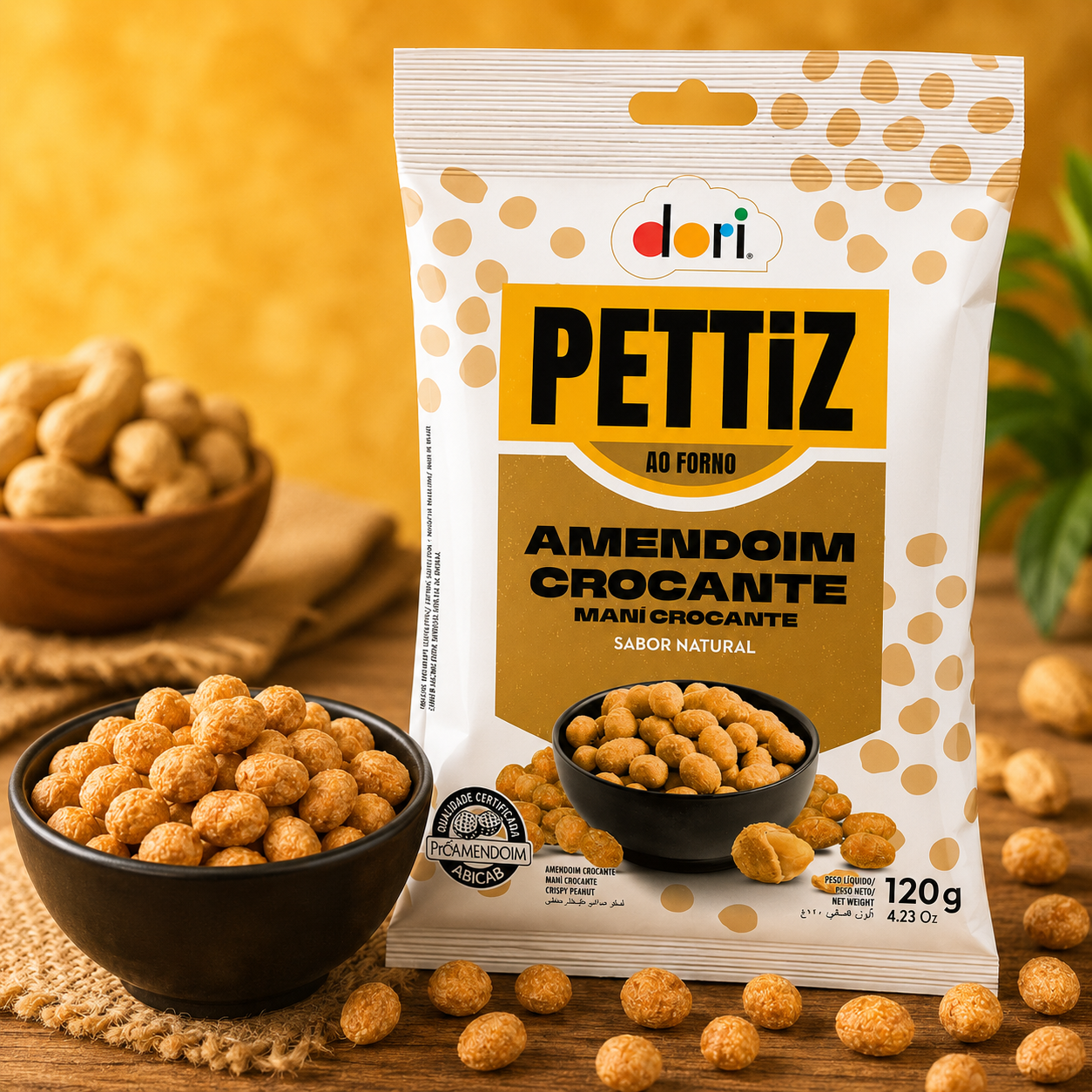 Amendoim crocante dori pettiz - Delícias Bag of Dori PETiZ crunchy peanuts snack with orange dot pattern, bowl of roasted peanuts in foreground, natural color scheme and 120 g net weight label visible