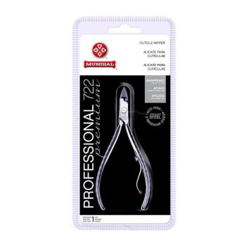 Cuticle nipper in light purple blister packaging labeled Mundial, a professional salon tool for trimming cuticles.