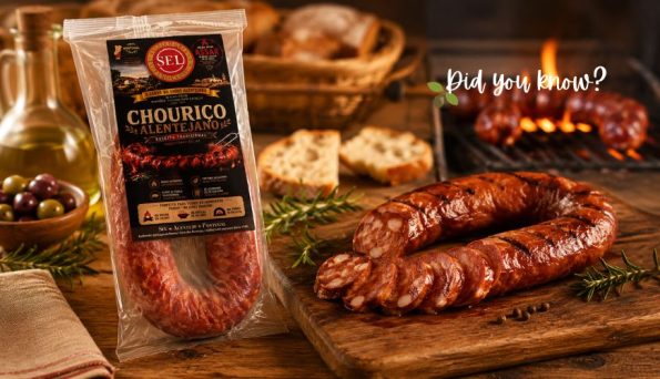 Chouriço alentejano sausage, sliced on a wooden board with a grill in the background and the packaging on the left.