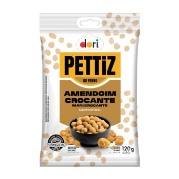 PettiZ Amendoim Crocante snack bag with a bowl of roasted peanuts and beige polka dots on white packaging