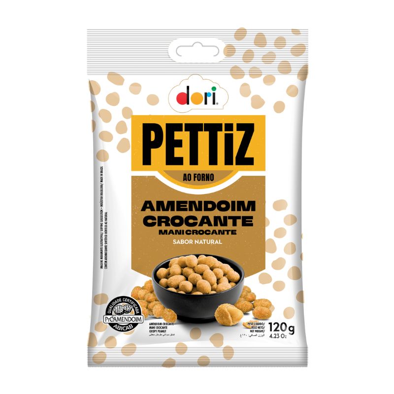 GRO-SNK5154 - Delícias PettiZ Amendoim Crocante snack bag with a bowl of roasted peanuts and beige polka dots on white packaging