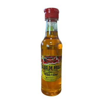 Bottle of Óleo de Pequi (150 ml) with red cap and amber oil, label shows 'ÓLEO DE PEQUI' and gluten-free claim