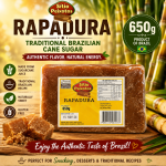 Package of Sitio Peixotos Rapadura: 650 g traditional Brazilian cane sugar, with tropical background and 'Enjoy the Authentic Taste of Brazil' slogan.