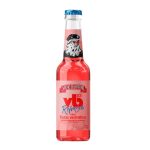 Bottle of Velho Barreiro V6 Ice Refresca red fruit flavor with pink label and a bearded man illustration on neck art.