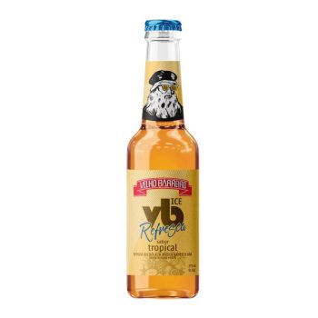 Bottle of Velho Barreiro Ice Refresca tropical-flavored drink with a blue bottle cap and yellow label.