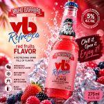 Bottle of Velho Barreiro Ice Refresca red fruits flavor with berries and ice, promotional slogan 'Chill it. Open it. Enjoy it!', 275 ml, 5% alc/vol image ad.