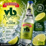 Bottle of Velho Barreiro Ice Refresca lemon-flavored alcoholic drink with lemons and icy splash; 5% ABV, 275 ml, ready to drink.