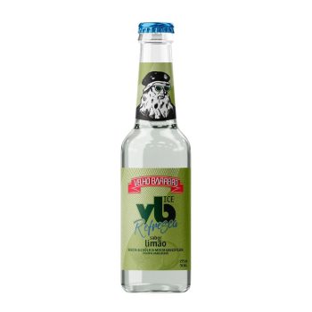 Bottle of Velho Barreiro lime-flavored ready-to-drink alcohol beverage with green label and blue cap