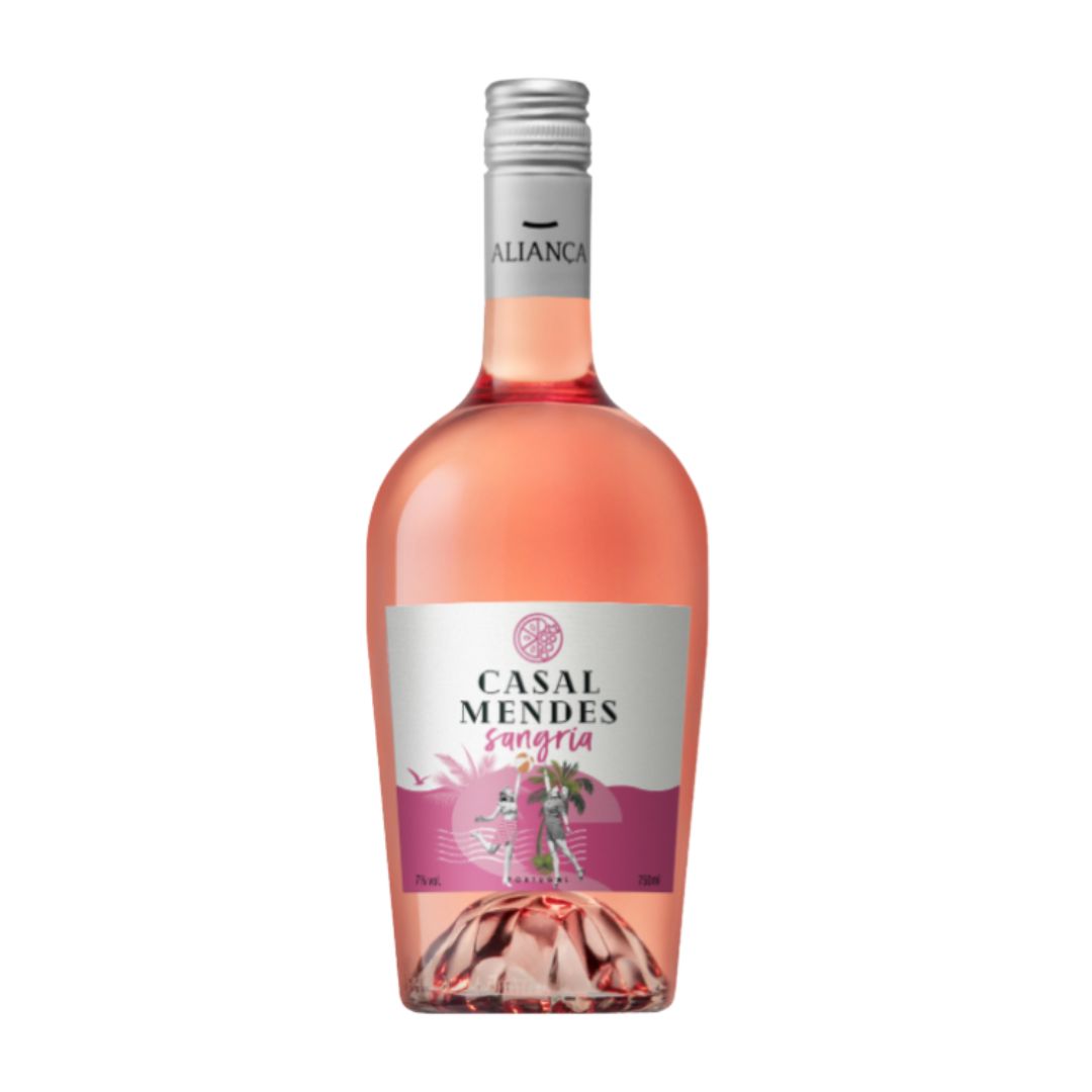WRO-PTVV1143 - Delícias Rosé sangria bottle labeled Casal Mendes, pink liquid, with tropical palm artwork on the label.