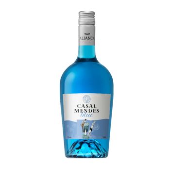 Blue Casal Mendes bottle with silver cap and light blue label, containing blue liqueur/spirits.