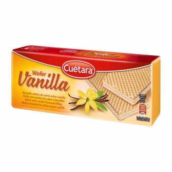 Cuétara Vanilla wafer box with vanilla flower and stacked wafers on a yellow-orange package