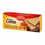 Box of Cuétara Cocoa wafers showing stacked chocolate wafers and a cocoa powder scoop