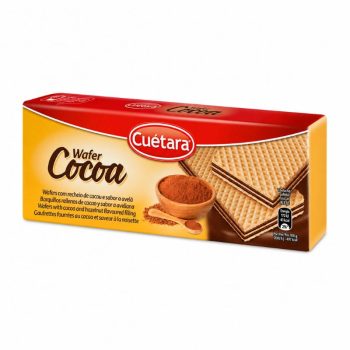 Box of Cuétara Cocoa wafers showing stacked chocolate wafers and a cocoa powder scoop