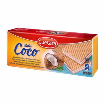 Cuétara Coco wafer cookies box with coconut image and stacked wafers on packaging.