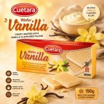Cuetara Vanilla Wafer - Delícias Cuétara Vanilla wafers box with vanilla flowers and a cream bowl in the background, highlighting crispy wafers with vanilla filling.