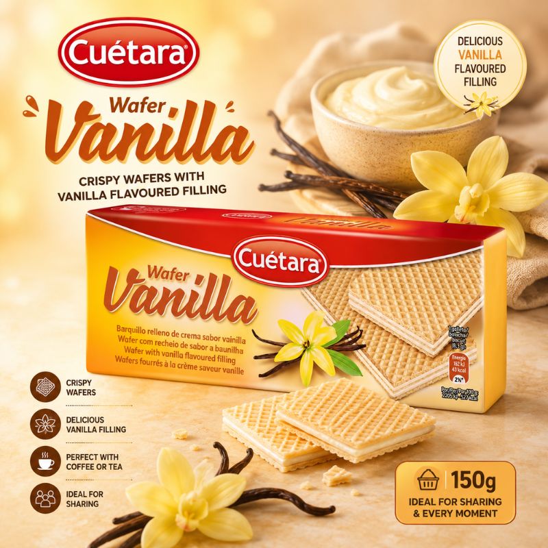 Cuetara Vanilla Wafer - Delícias Cuétara Vanilla wafers box with vanilla flowers and a cream bowl in the background, highlighting crispy wafers with vanilla filling.