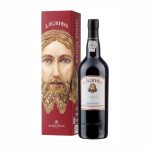 WIFO-PO00312 - Delícias Bottle of Ramos Pinto Lagrima port beside its red box featuring a bearded face design on the packaging