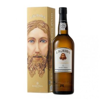 Bottle of Ramos Pinto LÁGRIMA white port beside its gold box with a bearded face illustration.