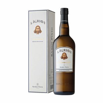 Bottle of Lágrima Ramos Pinto Porto Branco white port next to its tall white box with blue trim on a white background?