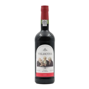 Bottle of Velhotes Ruby Port wine with red capsule and white label showing three men drinking, on a white background.