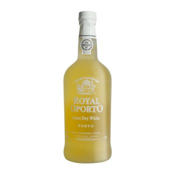 Bottle of Royal Oporto Extra Dry White Port (white label, gold lettering) on a light background, front view